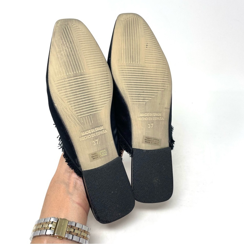 Shellys London Fringe Trim Blunt Toe Slip On Black Fabric Mules Size 37/7 - Picture 7 of 10
